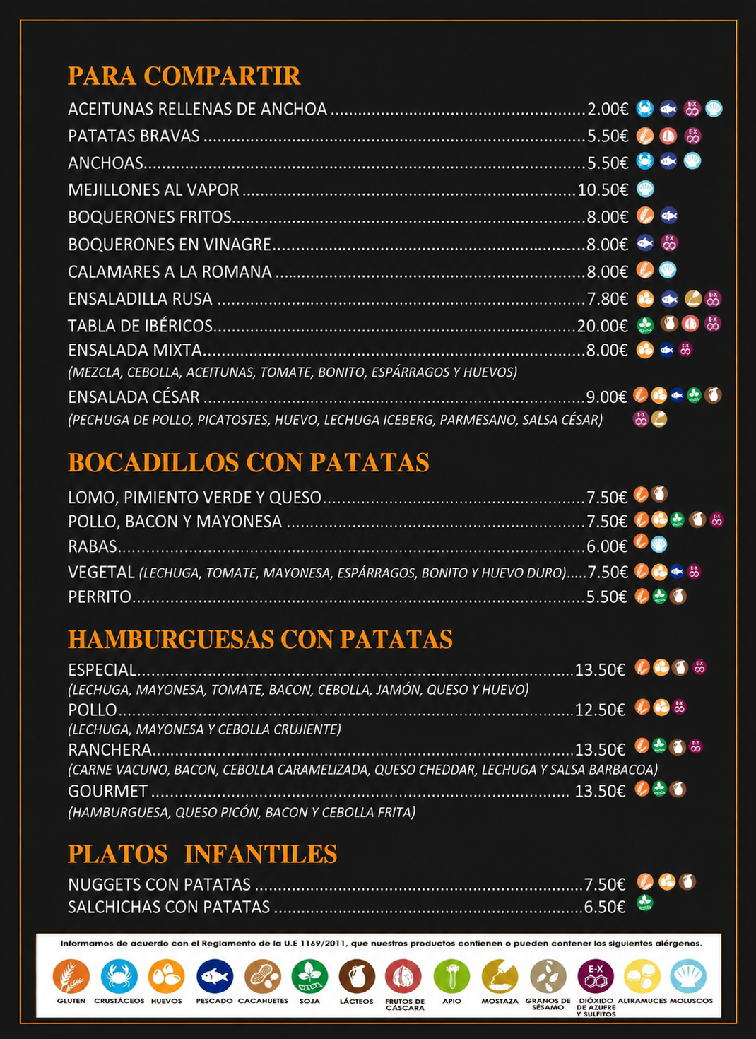 Ejemplo de carta de alérgenos negra