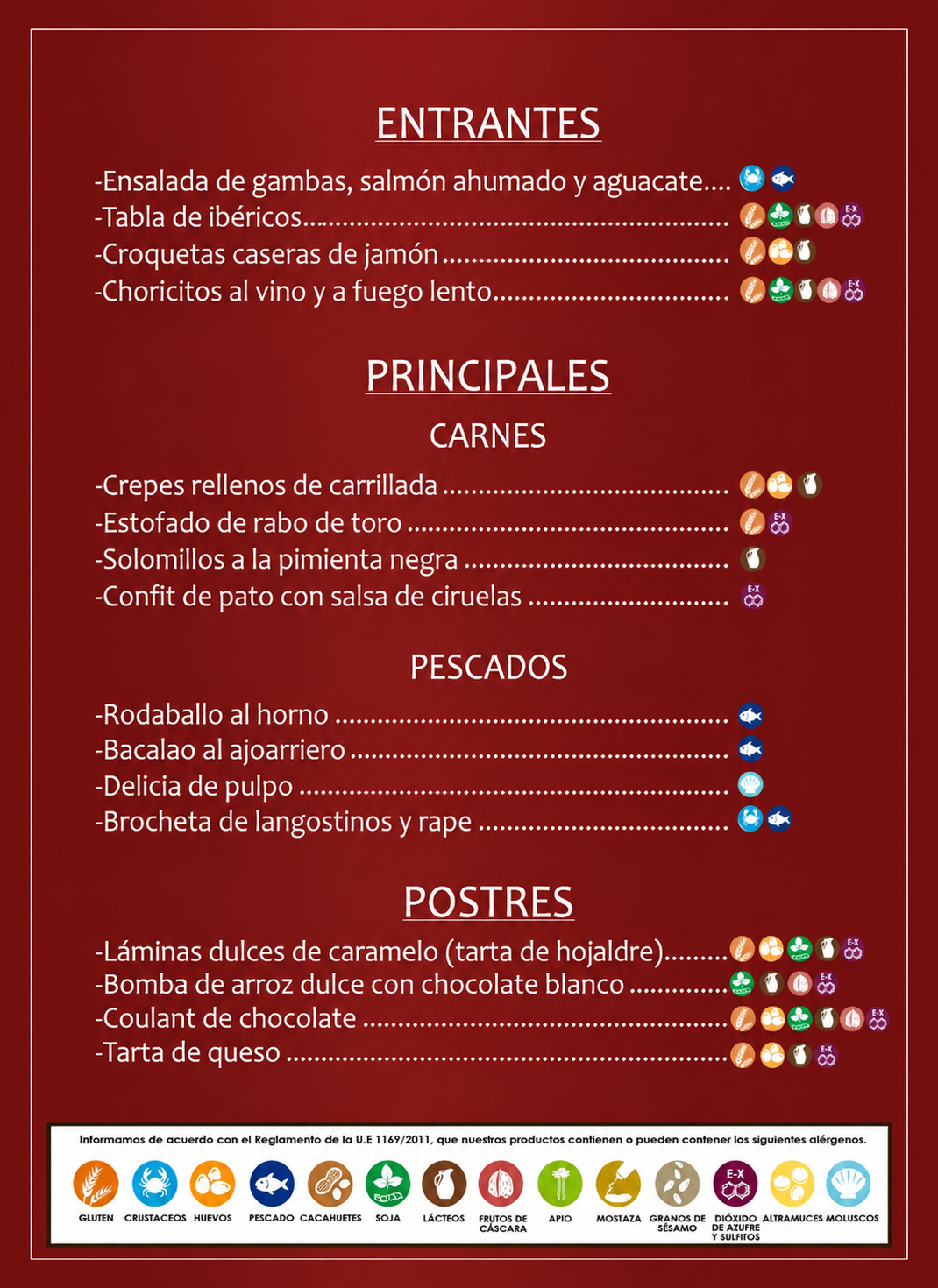 Ejemplo de carta de alérgenos roja